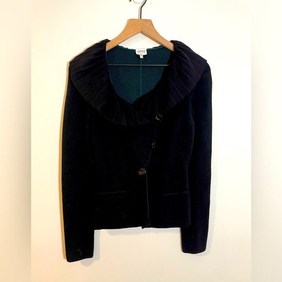 Armani Collezioni Black Wool  Knit Ruffle Cardigan Sweater Size 38/ Small Italy - Picture 1 of 9